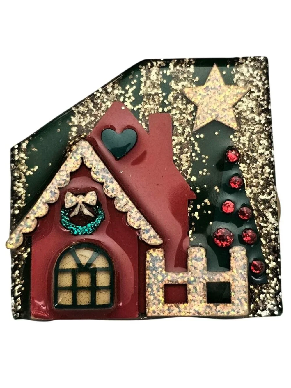 Lucinda Red House Christmas Tree Sparkle Star Pin J848